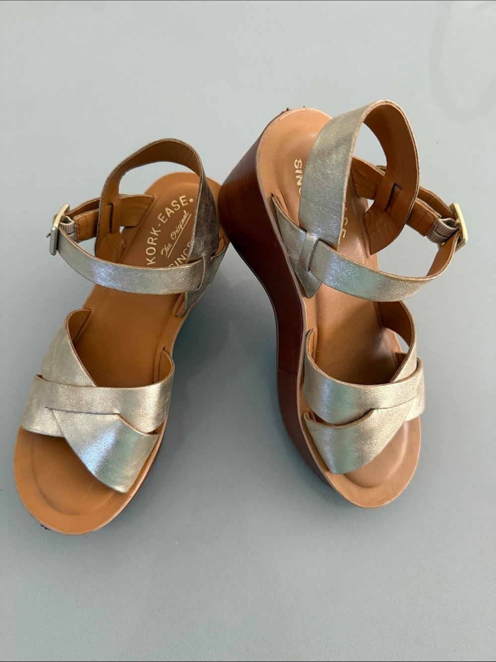 Kork-Ease Metallic Silver Leather Wedge Sandals